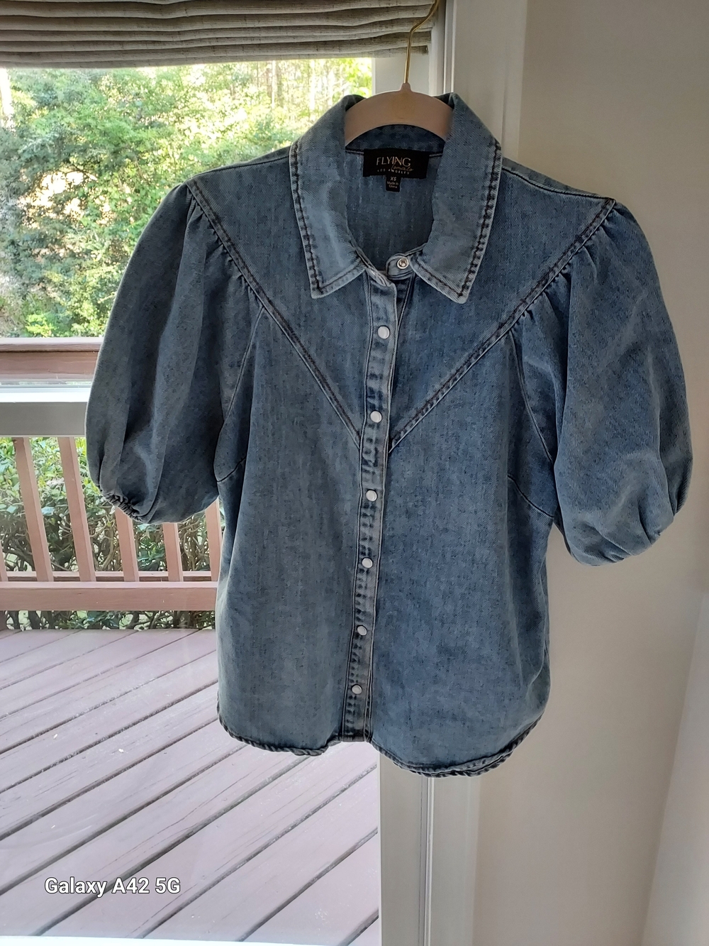 Flying Tomato Light Blue Denim Button-Down Puff Sleeve Shirt
